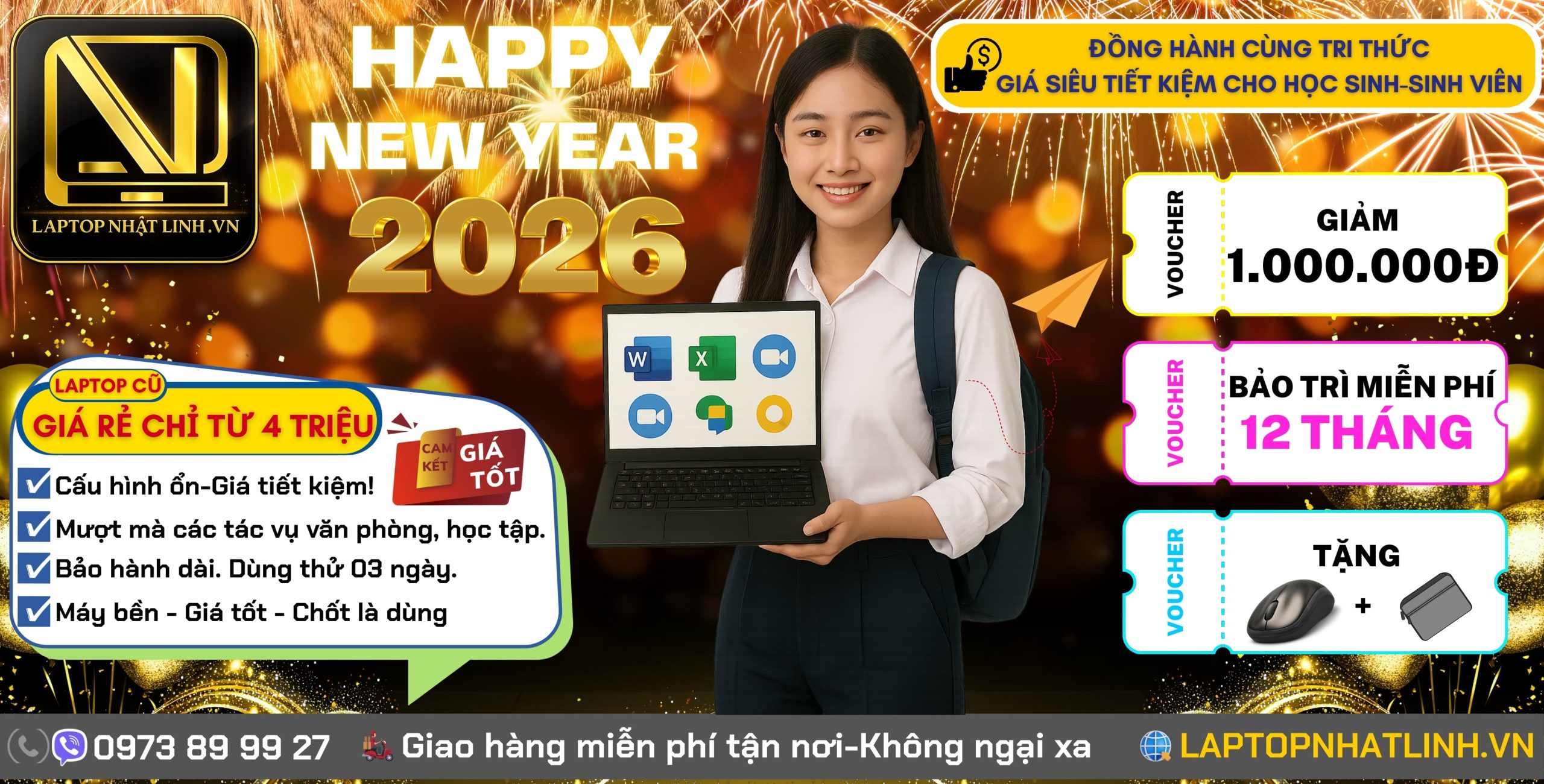 Chương trình khuyến mãi Tết 2026 laptop cũ giá rẻ Nhật Linh tặng voucher 1 triệu và bảo trì 12 tháng