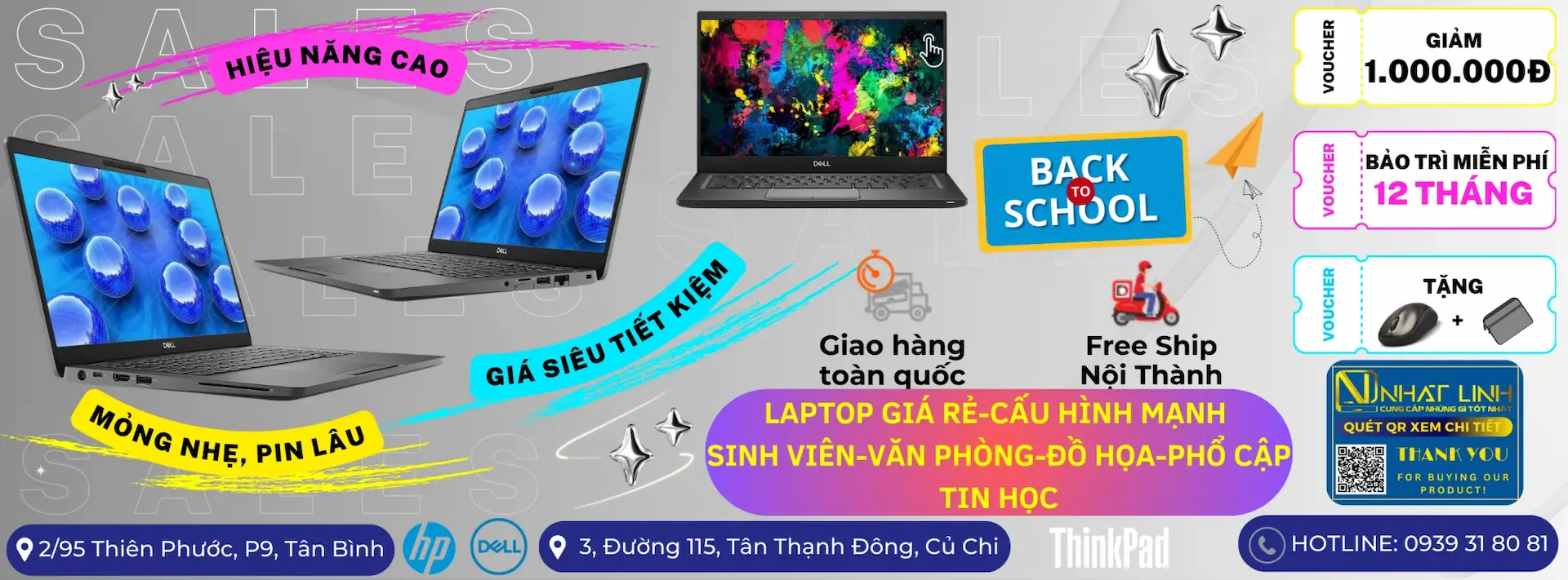 Banner khuyến mãi Back To School laptop cũ giá rẻ, cấu hình mạnh cho sinh viên, văn phòng, đồ họa tại Laptop Nhật Linh Củ Chi và Tân Bình.