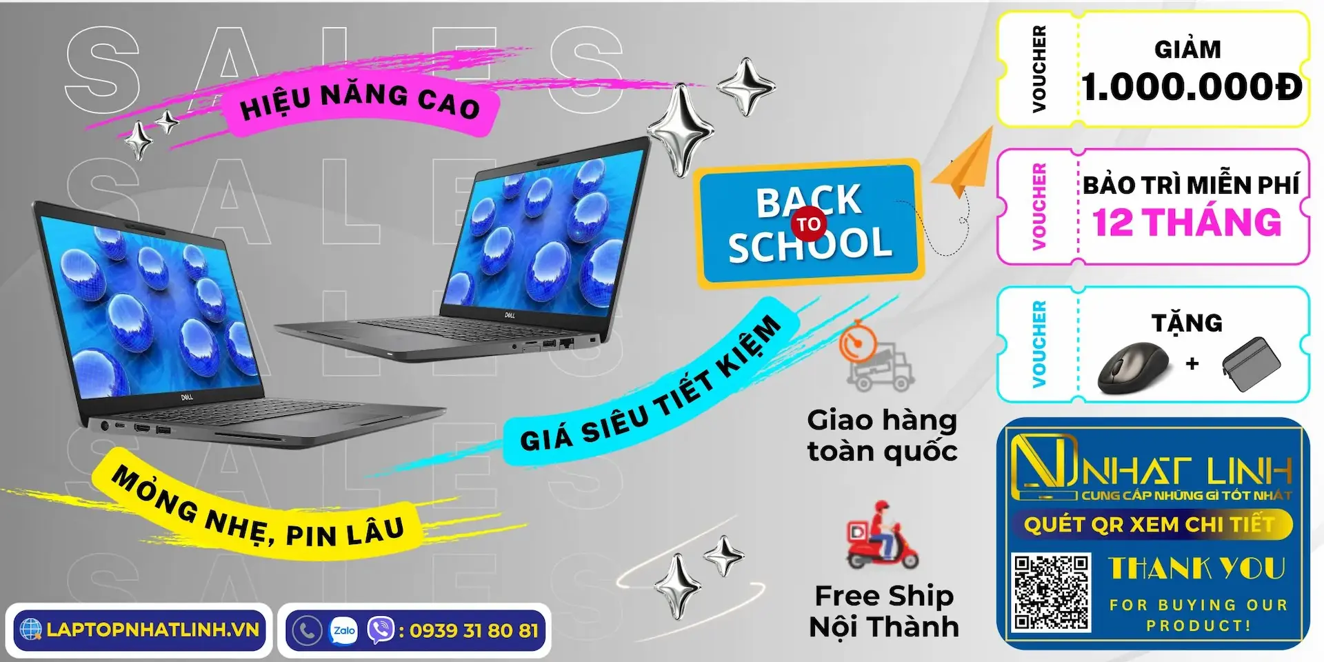 Banner khuyến mãi Back To School giảm 1 triệu, tặng phụ kiện khi mua laptop Dell cũ mỏng nhẹ, pin lâu tại Laptop Nhật Linh Củ Chi và Tân Bình.
